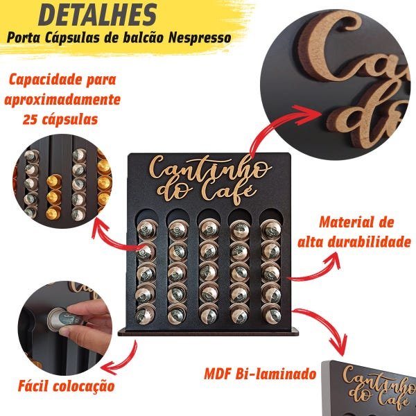 Porta Cápsulas Café Nespresso Tamanho Pequeno 29x26 Cantinho Café Preto 25 Capsulas - 4