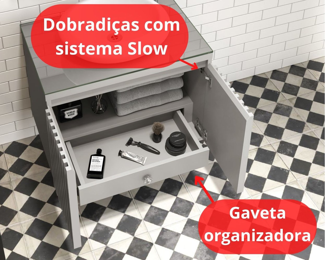 Ver imagem 3 de Gabinete para Banheiro Ripado 60 Cinza Sem Cuba Suspenso