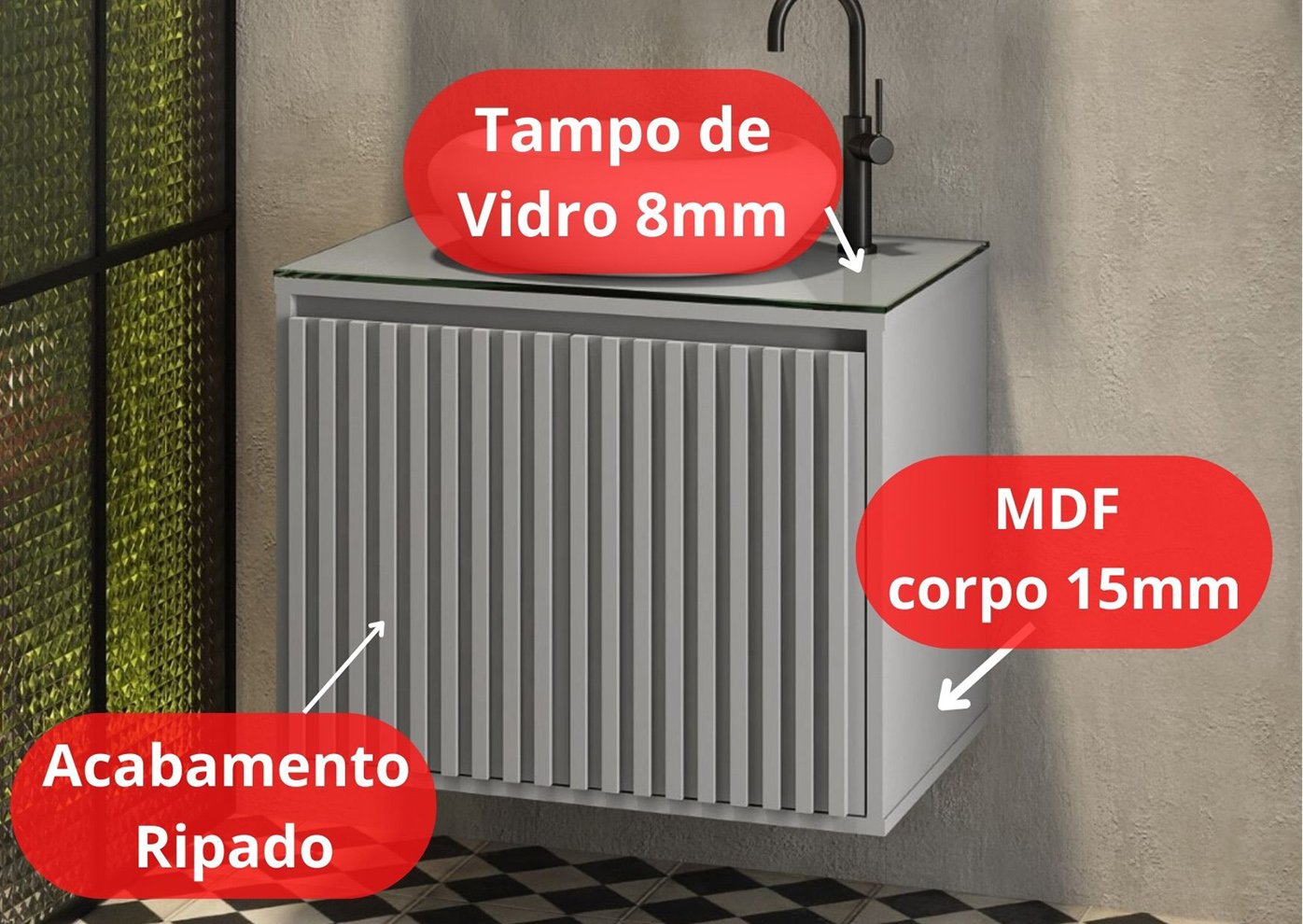 Gabinete para Banheiro Ripado 60 Cinza Sem Cuba Suspenso - 2