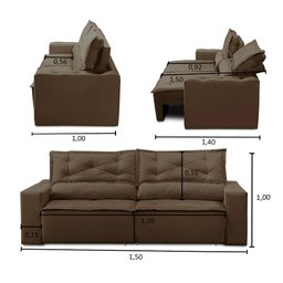 Sofá Retrátil e Reclinável 2 lugares com Molas 1,50m Livia Suede Marrom Adonai Estofados - 3
