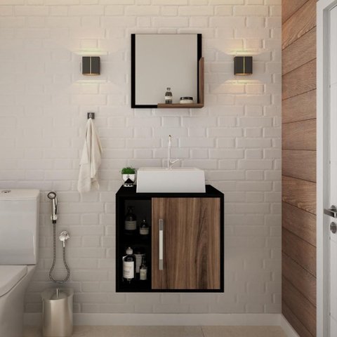 Conjunto Balcão com Cuba Q32 e Espelheira Soft 500 Preto Ônix com Carvalho Dark Preto Ônix com