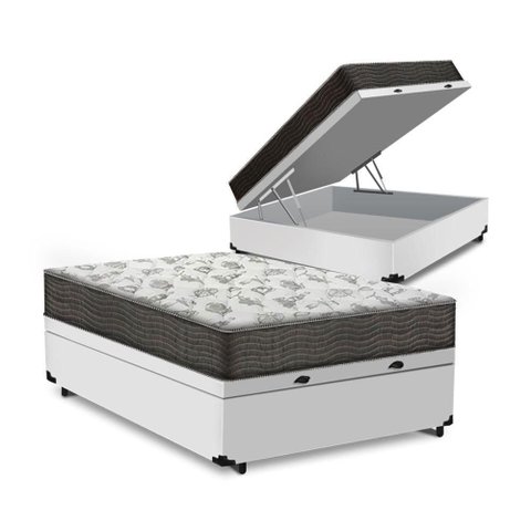 Cama Box com Baú Casal Acoplado Espuma Macia Courino Branco 138cm