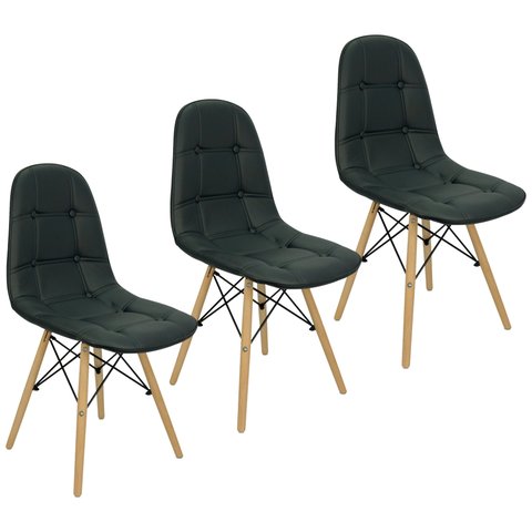 Kit 3 Cadeiras Charles Eames Botonê Eiffel Estofada - Preta