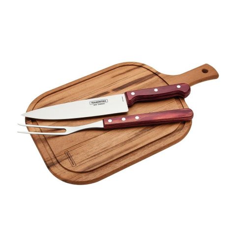 Kit 3 Pç Faca, Garfo e Tábua Madeira 23x40 Churrasco Inox e Cabo de Madeira Polywood - Tramontina