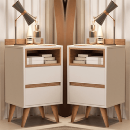 Conjunto 2 Mesas Cabeceira Quarto Apoio Lateral Cama Casal Estilo Retrô Álamo 2 Gavetas - Offwhite - 7