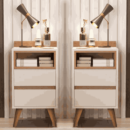 Conjunto 2 Mesas Cabeceira Quarto Apoio Lateral Cama Casal Estilo Retrô Álamo 2 Gavetas - Offwhite - 6