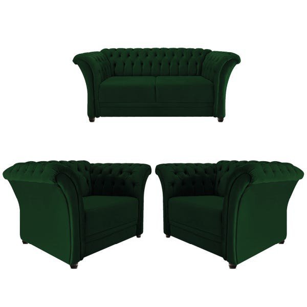 Kit 2 Poltronas e Namoradeira Chesterfield Sofia Suede Verde - 1