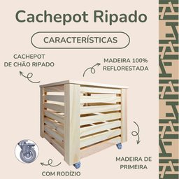 Vaso Cachepot Ripado com Rodizio Madeira Natural Pinus 35x35x37 Decoração - 2
