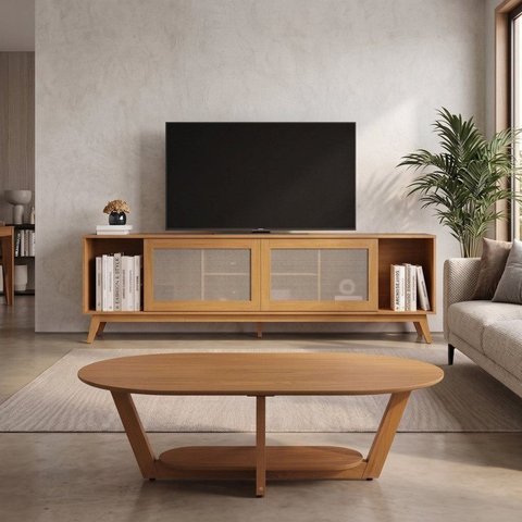 Conjunto Sala de Estar 2 Peças Rack 218cm Rattan Palhinha e Mesa de Centro 120cm Elegance Marrom