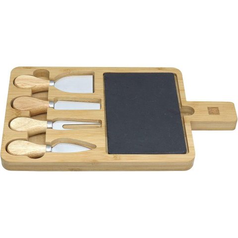 Jogo 4 Peças para Queijo Home&co com Tabua de Corte em Ardosia Bambu Natural