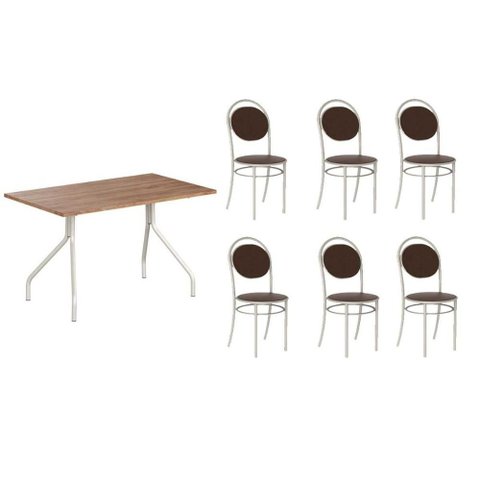 Conjunto: Mesa de Cozinha 1556 Aço 136cm + 6 Cadeiras 190 Prata/Freijo - Prata/Corano Cacau -