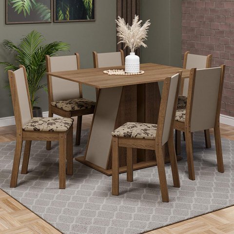 Conjunto Sala de Jantar Mesa Tampo de Madeira 6 Cadeiras Rustic/crema/bege Marrom Wendy Madesa