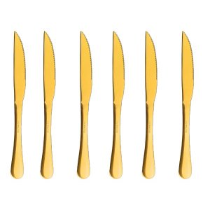 Conjunto 6 Facas Churrasco Elite Dourado Talheres Gourmet Mix em Aço Inox