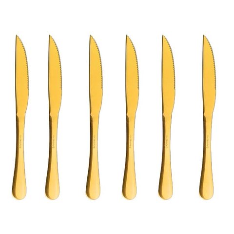 Conjunto 6 Facas Churrasco Elite Dourado Talheres Gourmet Mix em Aço Inox