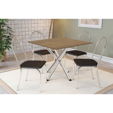 Sala de Jantar Completa Volga C/ Tampo de Madeira 90cm e 4 Cadeiras Noruega Cromado/nogueira - Preto