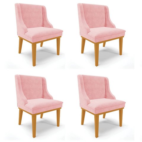Kit 4 Cadeiras Estofadas para Sala de Jantar Base Fixa de Madeira Castanho Lia Suede Rosa bebê - Ibi
