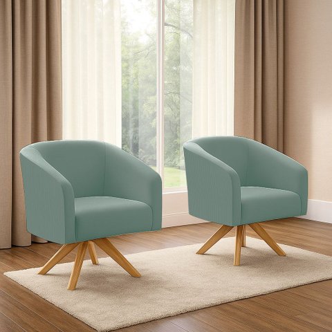 Poltrona Decorativa Kit 2 Stella Base de Madeira Giratória Ma30 Veludo Cotelê Menta D03 - D’Rossi