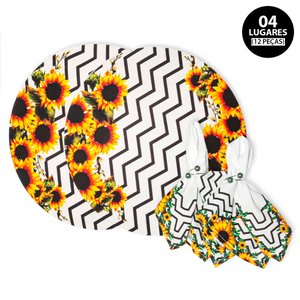 Kit Mesa Posta Sousplat 4 Lugares 12 Pçs Micropercal 200 Fios Girassol Chevron (Capa+Guardanapo+