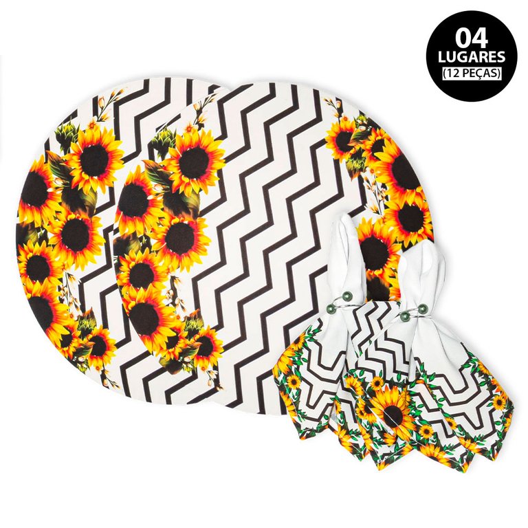 Kit Mesa Posta Sousplat 4 Lugares 12 Pçs Micropercal 200 Fios Girassol Chevron (Capa+Guardanapo+ Kit Mesa Posta Sousplat 4 Lugares 12 Pçs Micropercal 200 Fios Girassol Chevron (Capa+Guardanapo+