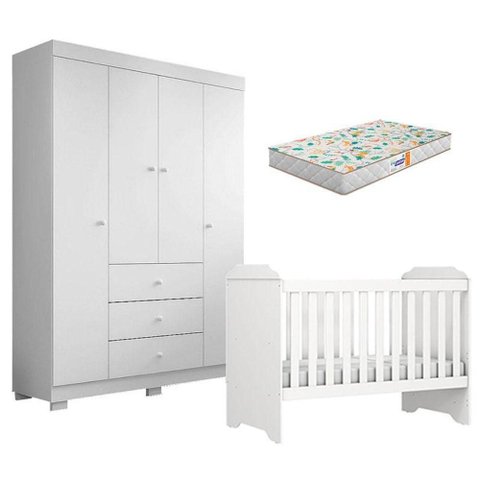 Berço Americano Mini Cama Mel e Guarda Roupa Duda 4 Portas Branco Brilho com Colchão Gazin