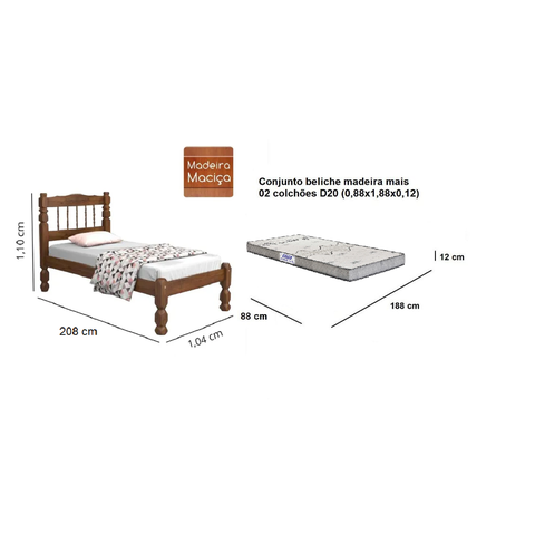 Cama Solteiro Torneada Madeira com 01 Colchão (88x188x12) Gazin D20