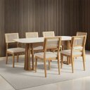 Ver imagem 1 de Mesa de Jantar Retangular 180cm com 6 Cadeiras 100% Mdf Cor:off White com Freijó e Linho Bege