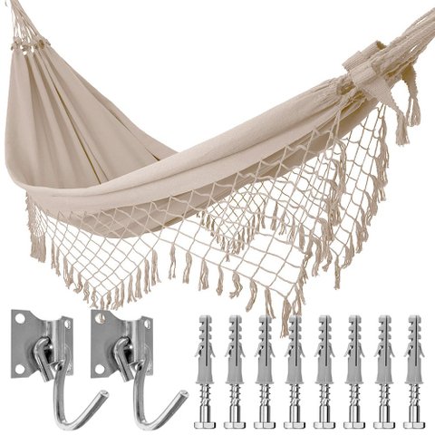 Kit Rede de Dormir Casal Bege + Ganchos Costura Reforçada