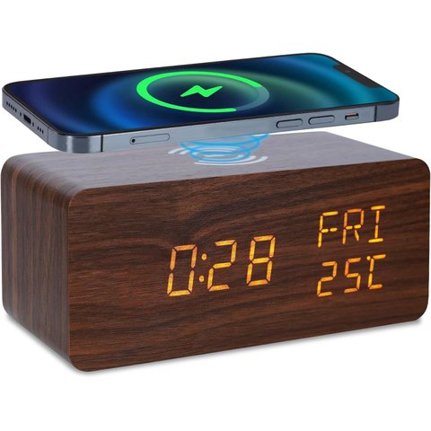 Relógio Digital de Madeira Carregador por Indução Controle de Voz Data Hora Temperatura 3 Alarmes Se