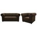 Ver imagem 1 de Kit Poltrona e Namoradeira Chesterfield Ana Suede Marrom - ADJ Decor