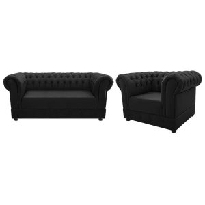 Kit Poltrona e Namoradeira Chesterfield Ana Suede Preto - ADJ Decor
