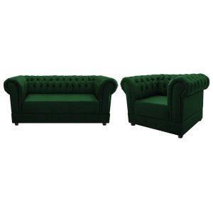Kit Poltrona e Namoradeira Chesterfield Ana Suede Verde - ADJ Decor