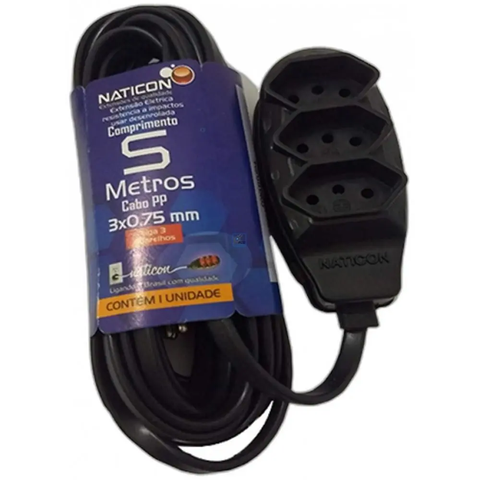Extensao Eletrica Naticon 2p+t 3 Tomadas 5mt Preta