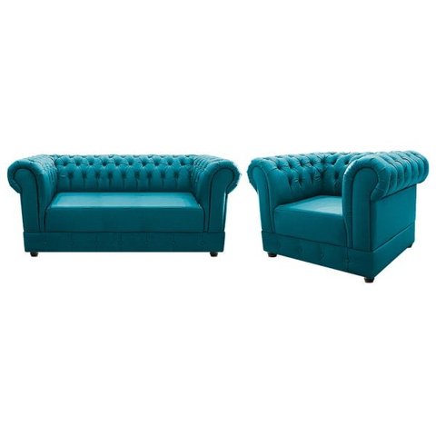 Kit Poltrona e Namoradeira Chesterfield Ana Suede Azul Turquesa - ADJ Decor