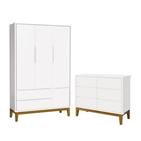 Jogo de Quarto Infantil Classic Guarda Roupa 3 Portas e Cômoda 6 Gavetas Branco Fosco com Pés Amadei