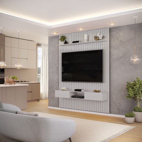 Conjunto com Painel Ripado e Bancada Suspensa 183cm Trento para Sala de Estar Bali DJ Móveis