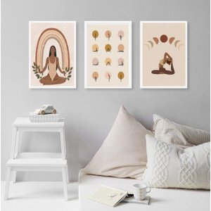 Kit 3 Quadros Decorativos Yoga- Poses 33x24cm - com Vidro:madeira Branca