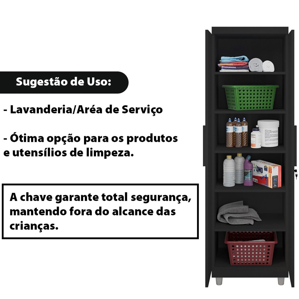 Armário Multiuso 2 Portas com Chave Organizador Home Office Lavanderia Preto - Lh Móveis - 9