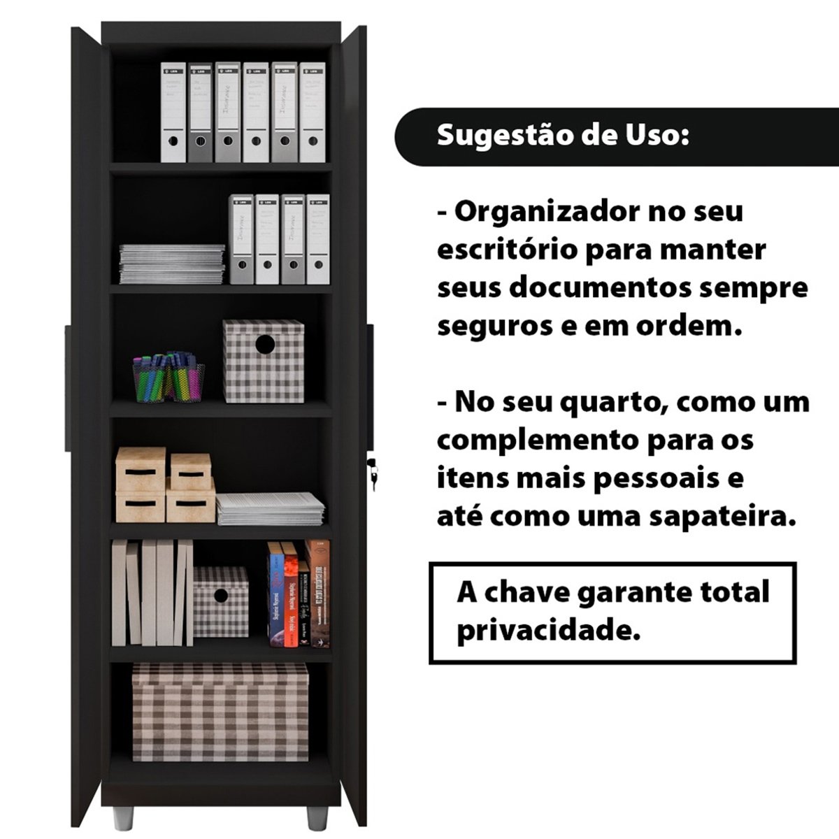 Armário Multiuso 2 Portas com Chave Organizador Home Office Lavanderia Preto - Lh Móveis - 10