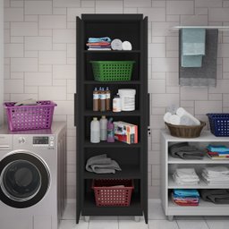 Armário Multiuso 2 Portas com Chave Organizador Home Office Lavanderia Preto - Lh Móveis - 5