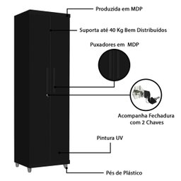 Armário Multiuso 2 Portas com Chave Organizador Home Office Lavanderia Preto - Lh Móveis - 7