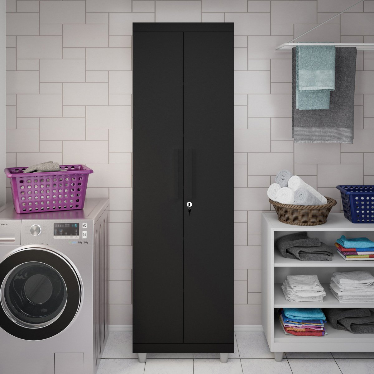 Armário Multiuso 2 Portas com Chave Organizador Home Office Lavanderia Preto - Lh Móveis - 2