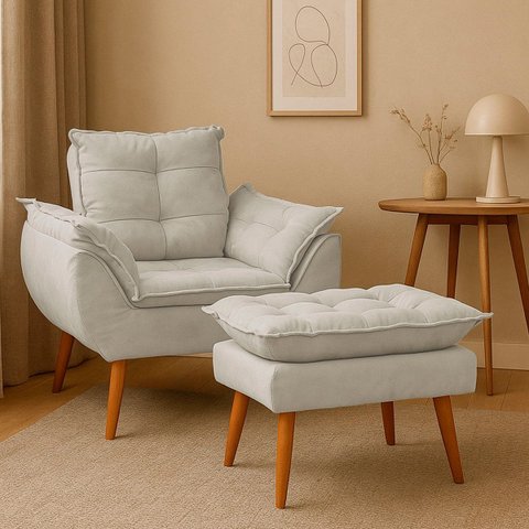 Kit Poltrona e Puff Opala Cadeira para Sala e Quarto Confortável e Reforçada Clínica e Recepção Sued