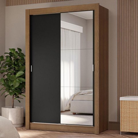 Guarda-roupa Solteiro 2 Portas de Correr com Espelho 4 Gavetas Rustic/preto Vivare Plus Madesa