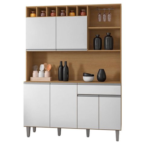 Kit Cozinha Compacta 6 Portas 130 Cm Alice Amendoa Branco Reajl Moveis