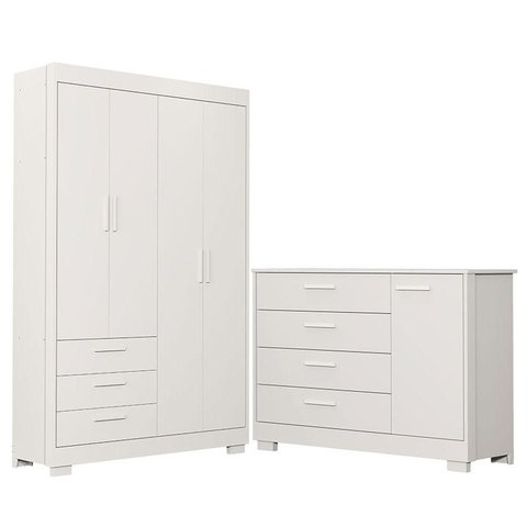 Cômoda com Porta e Guarda Roupa 4 Portas Infantil Zaki Branco Acetinado - Reller