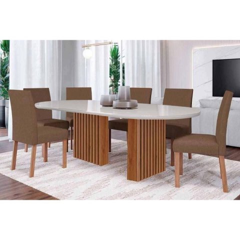 Sala de Jantar Completa Ester Tampo Madeirado Oval C/ Vidro 210x100cm e 6 Cadeiras Maia Cinamomo/off