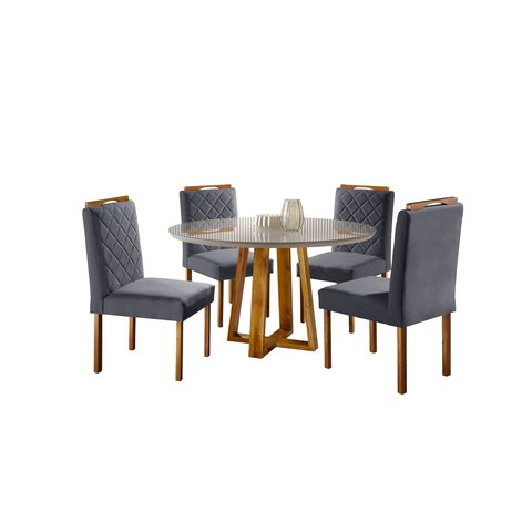 Conjunto Sala de Jantar Imperio 4 Lugares Mesa Redonda e Cadeiras Madeira Maciça Veludo Cinza