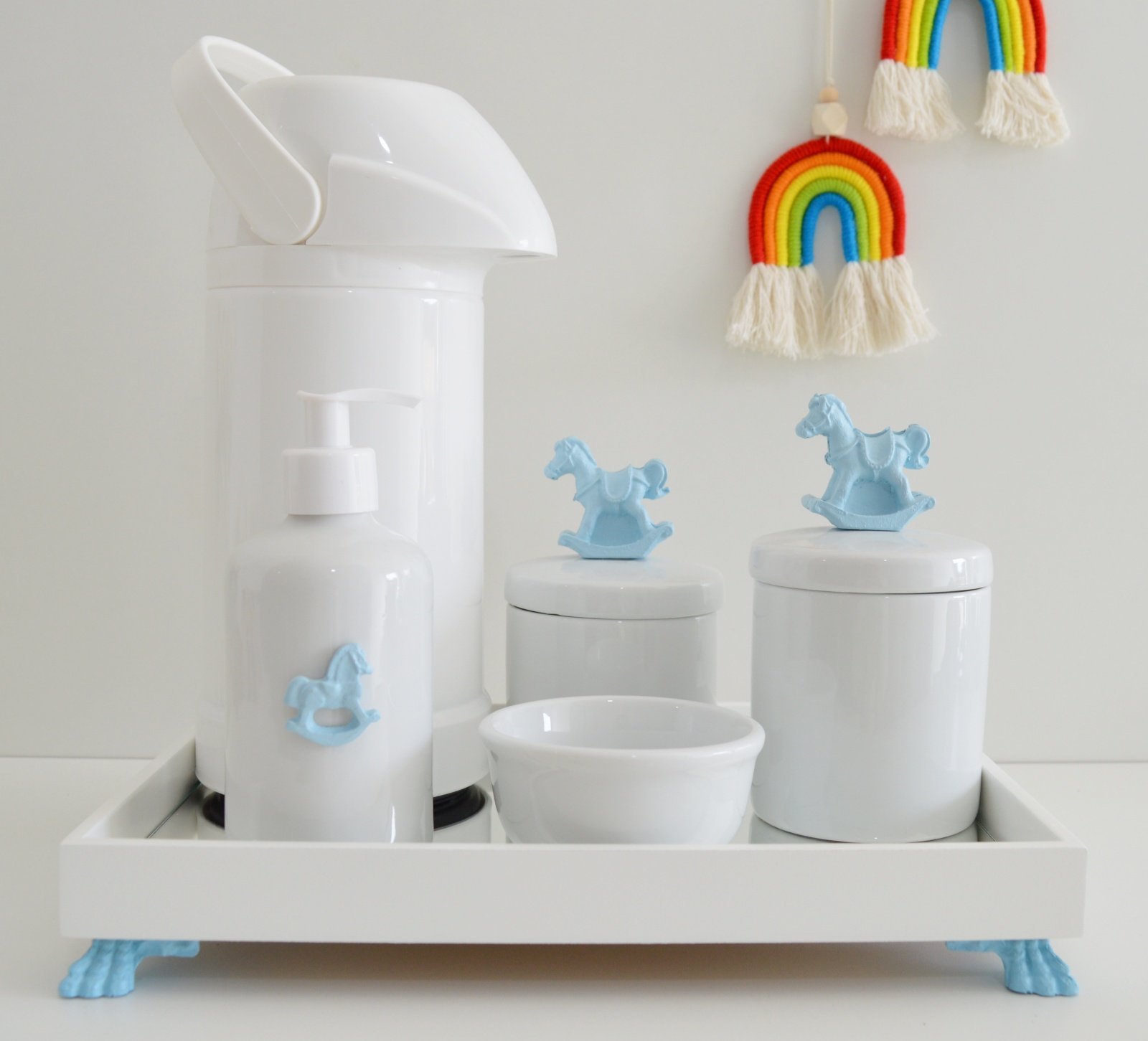 Kit Higiene Bebe Porcelana Termica Gel Potes Apliques Azuis - Cavalo - Azul