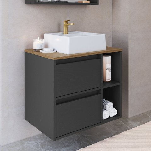 Gabinete de Banheiro Suspenso 60cm com 2 Nichos 1 Porta Basculante e 1 Gaveta com Cuba BH8005 Preto/Mel/Grafite
