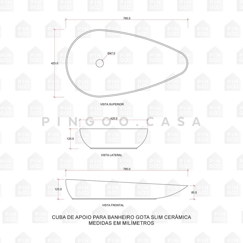 Cuba De Apoio Para Banheiro Gota Slim Louça Cerâmica 76,5 cm Pingoo.casa - Cinza Fosco - 6
